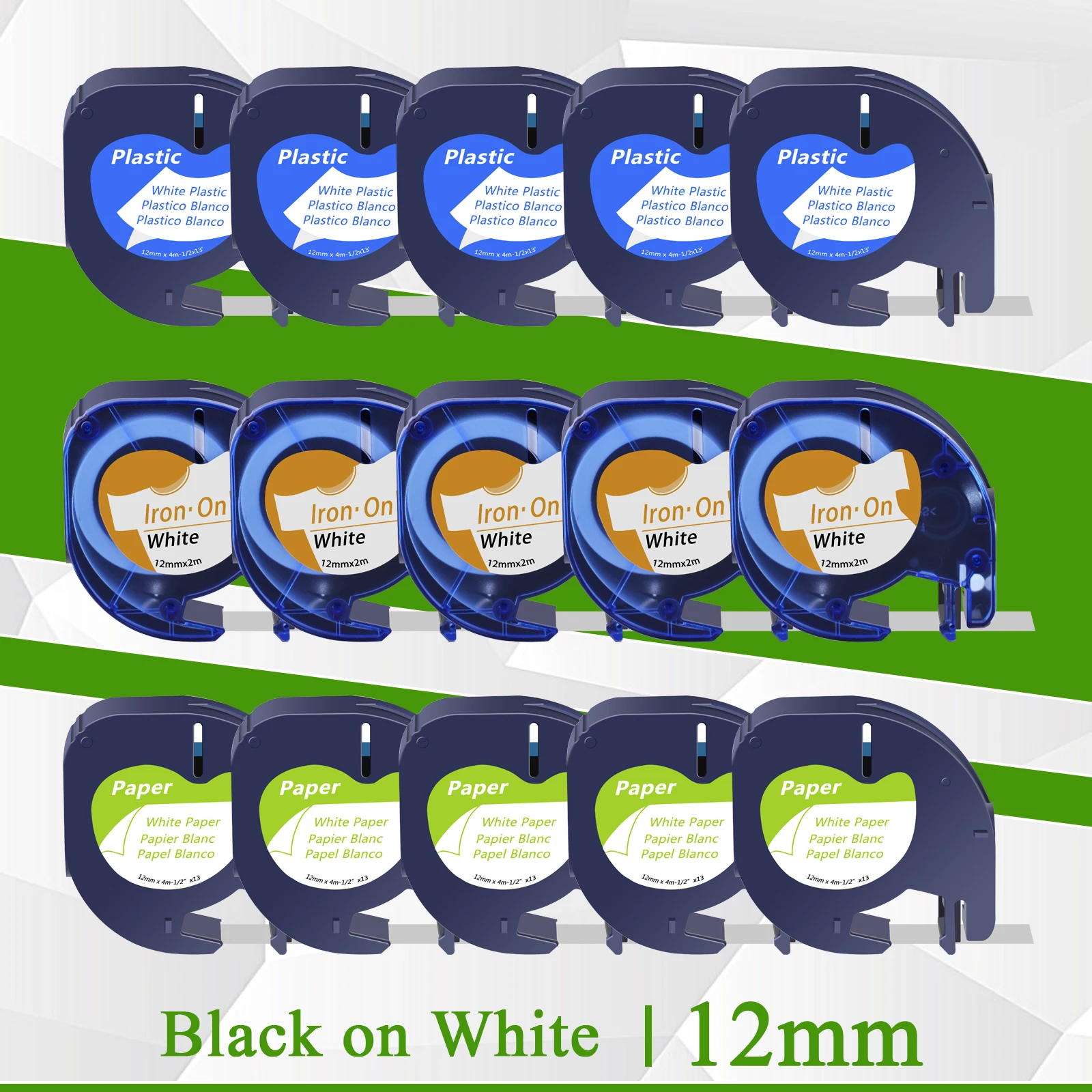 5PK Compatible for Dymo 91330 91331 18771 Black on White 12mm Paper Ribbon Plastic Tape Fabric Label Tape for LetraTag LT-100H