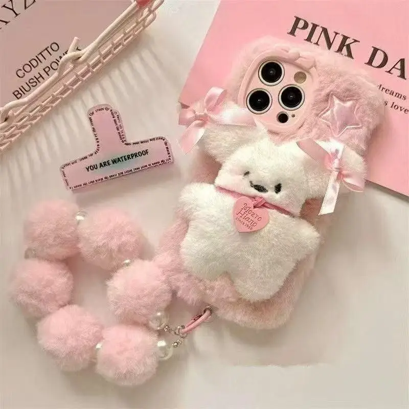 

Чехол для телефона с теплым волосатым 3D Loves Star Puppy для iPhone 17 Pro Max Case 17air 16Plus 15 14 13 12 11 с ремешком Hairball Chain Soft Shell