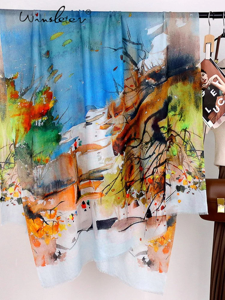 

Winsleter-Женский элегантный длинный шарф из 100% шерсти, 200*100 см, чернильный принт, подарок для мамы, новые шарфы в китайском стиле, зима 2025 A5D128CC