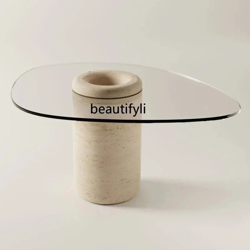 

Natural travertine edge glass living room special-shaped creative coffee table medieval small coffee tableG4567
