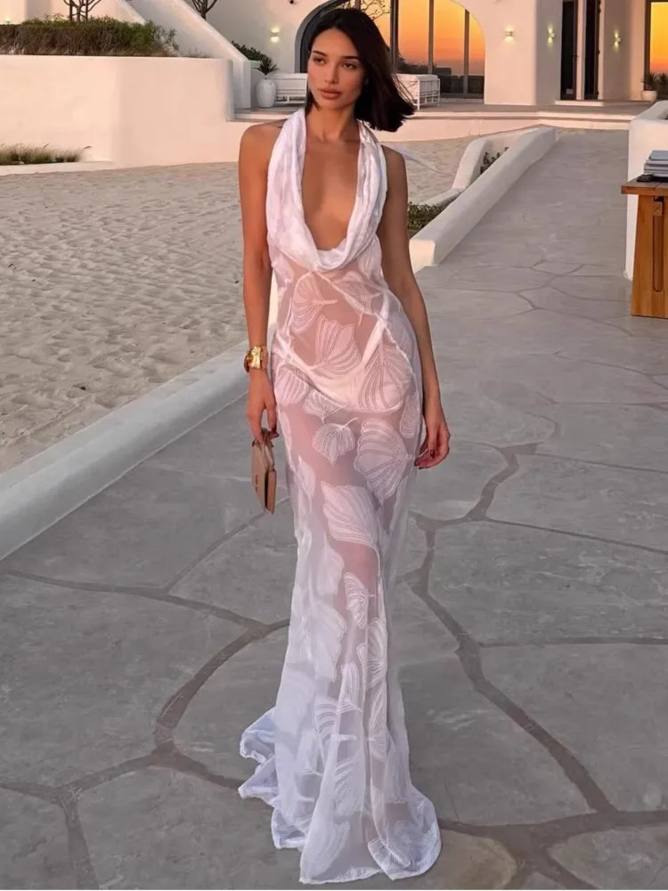 

Летние пляжные накидки для женщин: новые платья макси с принтом, на бретельках, без рукавов, для отпуска, 2026