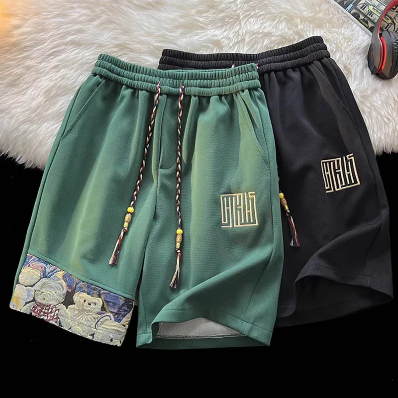 Men's fashion brand beach pants casual loose shorts medium pants thin men's pants 2024 new summer solid color five quarter pants