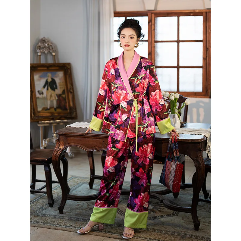 Rose Printed Satin Pijamas Set Silk V Neck Loungewear Sleepwear For Women Long SleevesKimono pants 2pcs Suit Homewear For Female