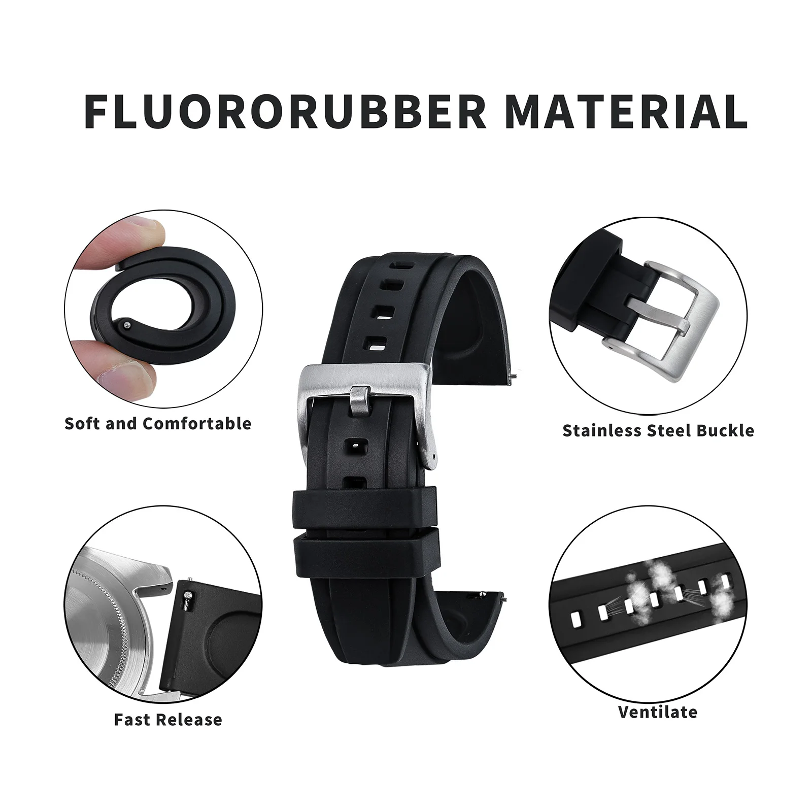 FKM Rubber Waffle Strap 20mm 22mm Fluororubber Bracelets Universal Diver Waterproof Comfortable Sports Fast Release Watchbands