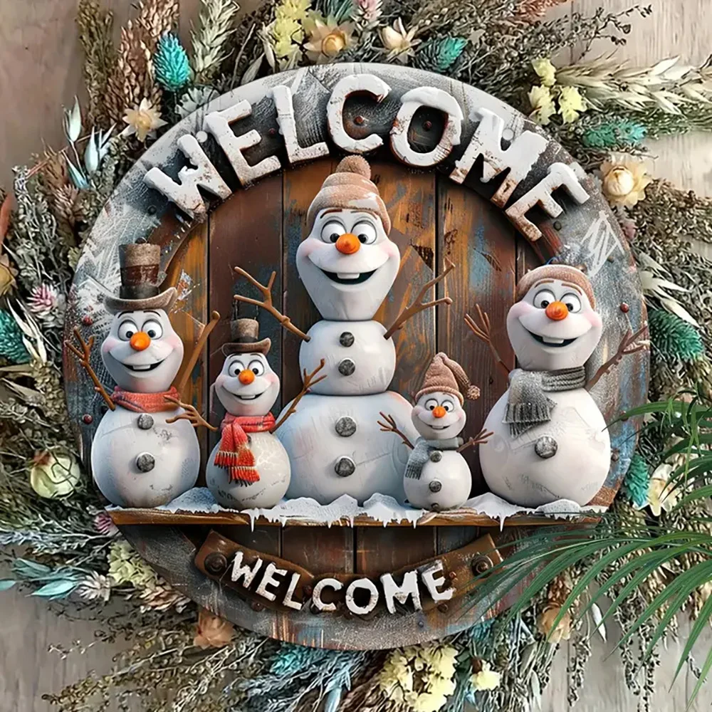 Vintage Snowman Welcome Sign - 20cm x 20cm Wooden Holiday season Decor for Front Door, Room Aesthetics & Holiday Parties - Perf