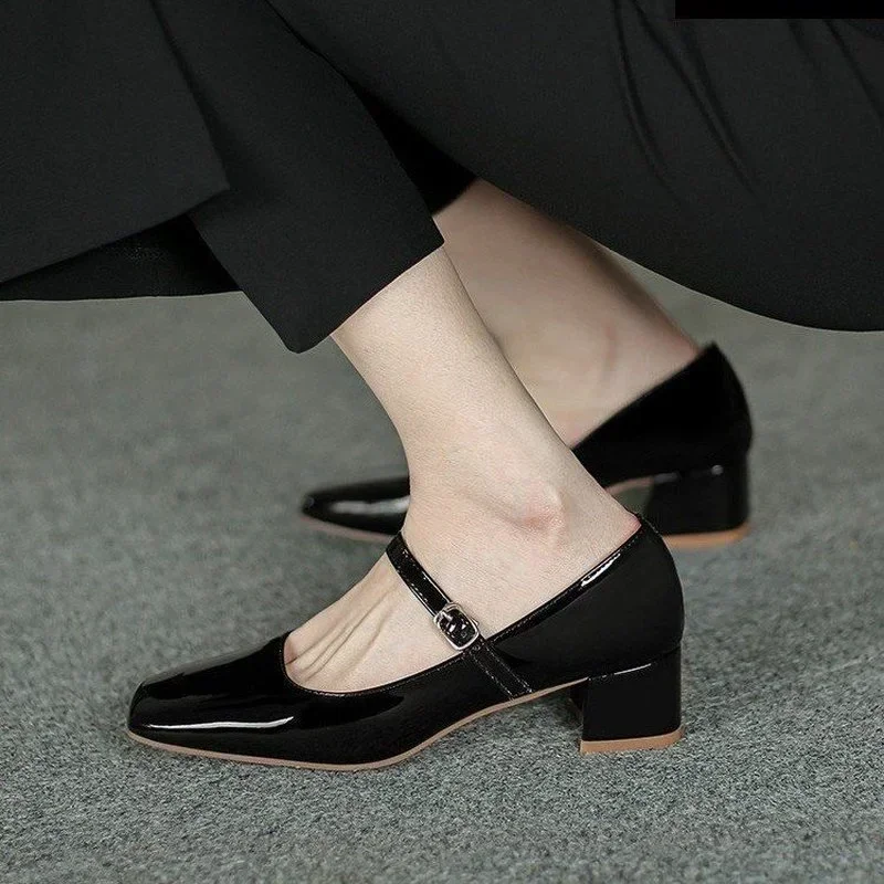 Women\'s Mary Janes Shoes Spring 2024 New High Quality Leather Dress Shoes female Square Toe Shallow Buckle Strap Women\'s Shoes