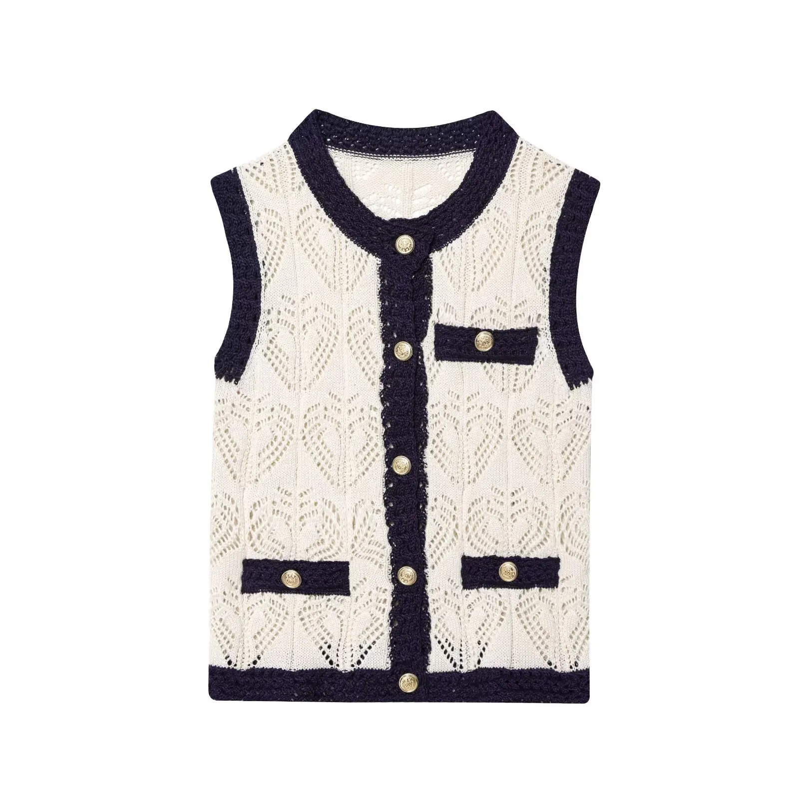 

2025 summer new women's casual fashion basic style all-match jacquard mesh vest round neck vest knitted top