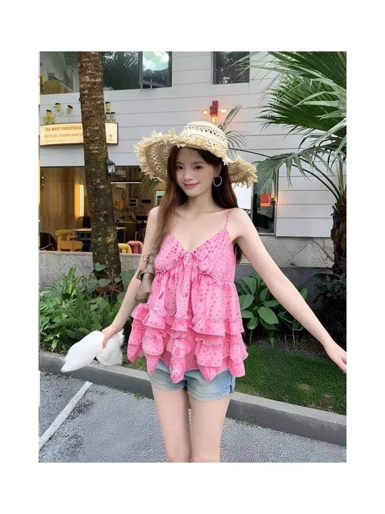 Pink Lotus Leaf  Polka Dot Doll Shirt Women's Summer New Style Beautiful Gentle Korean Style Strap Vest Commute Style
