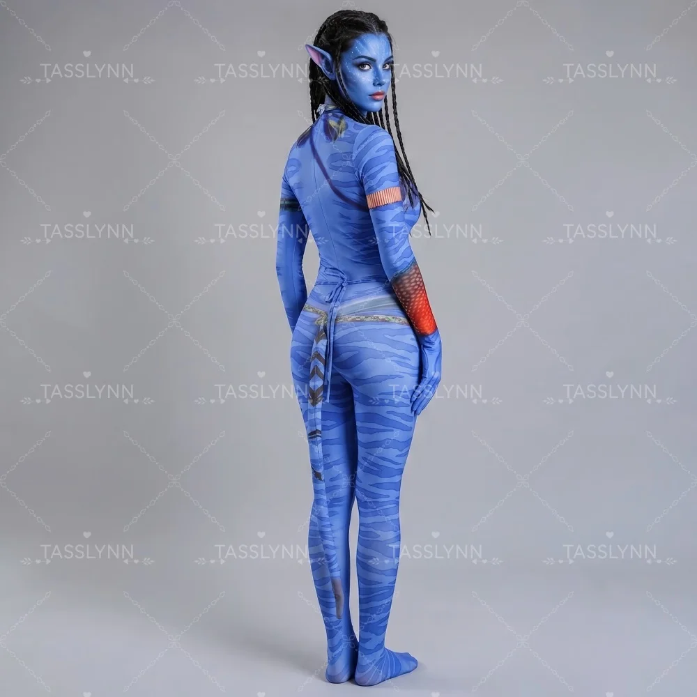 Neytiri Cosplay Zentai Bodysuit Blue Skin Texture Full Body Jumpsuit with Tail for Women Halloween Neytiri Zentai Suit view 5