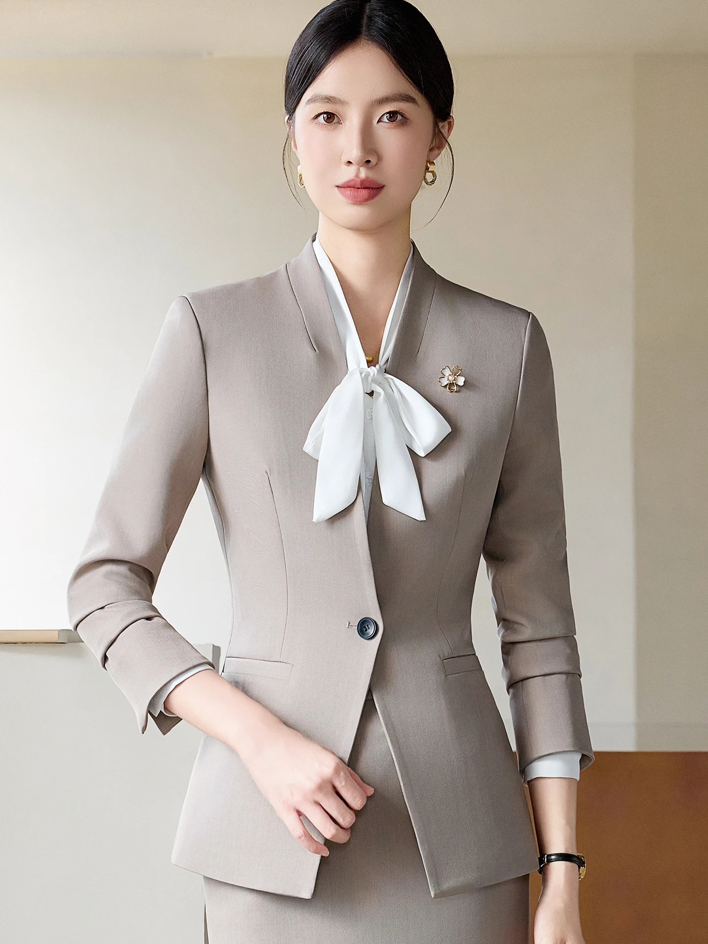Women's Neckless Suit Set Professional Workwear Host on Air Formal Wear Commute Style Slim Fit Polyester Fiber Long Sleeve