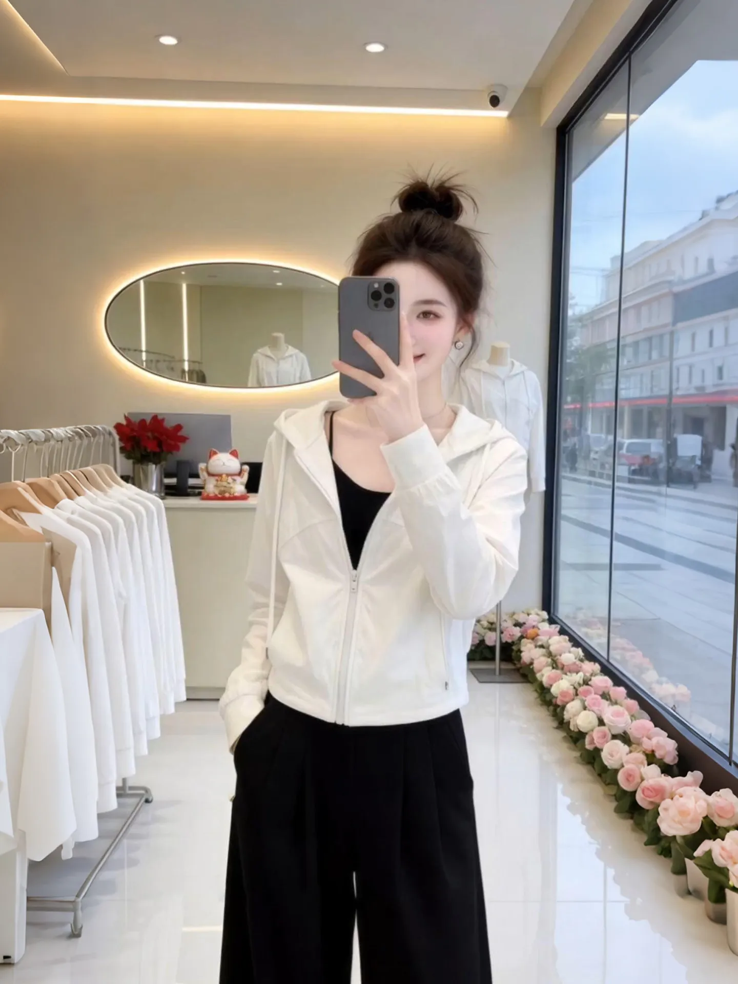 

Fashionable Minimalist Pure Color Hoodie Jacket Women's Summer Lightweight Loose Slimming Long Sleeve Sun Protection Top