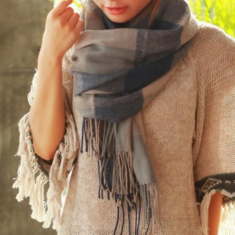 Plaid Scarf Bright Colored Scarf Elegant Winter Shawl Colorful Plaid Print Scarf with Tassel Trim Thick Imitation Cashmere Warm
