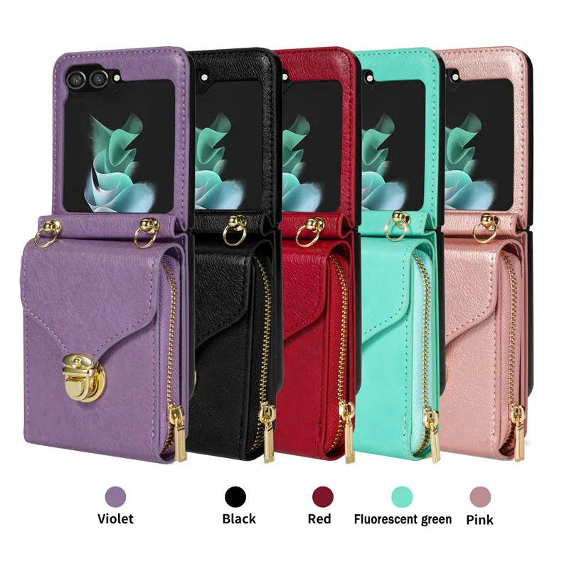 for Samsung Galaxy Z Flip 5 5G Z Flip 4 Z Flip 3 Case Fashion Crossbody Shoulder Strap Wallet Cover Card Slot Money Pocket Cases