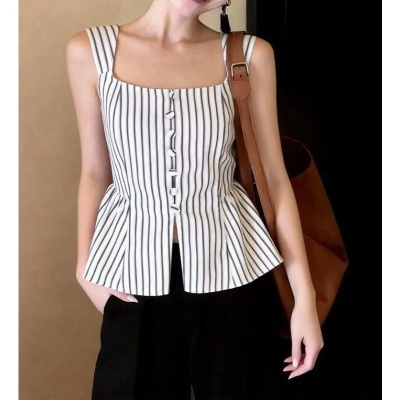 2026 Spring and Summer New French Striped Sling Vest Women's Minimalist Style Slim and Thin Temperament Waist Square Collar Top