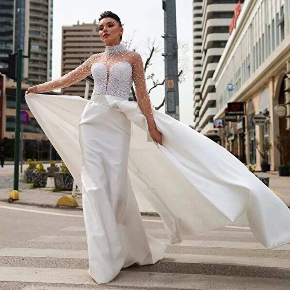 Robe de mariée en perles fabuleuses personnalisées, avec traîne détachable, col haut, manches transparentes, robe de mariée en Satin