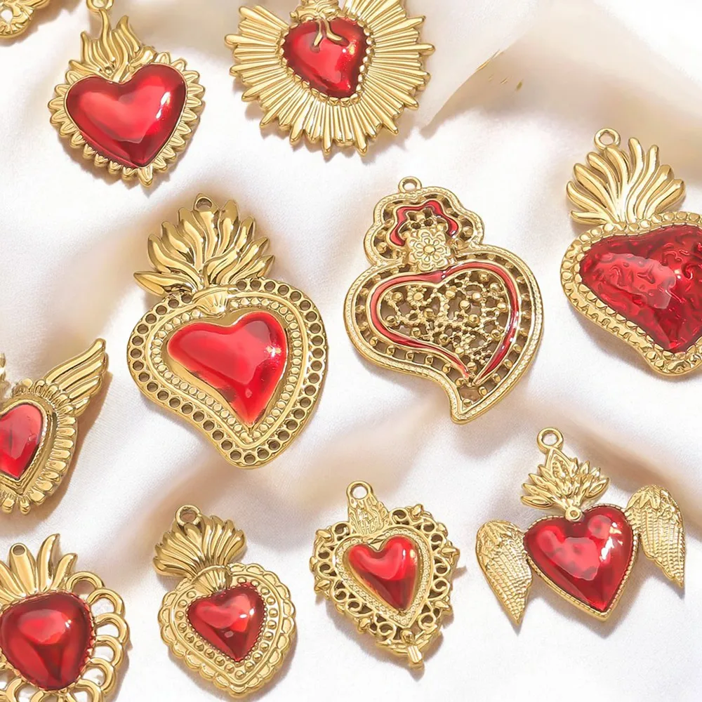 3pcs Stainless Steel Red Enamel Heart-shaped Charms Gold-plated DIY Necklace Bracelet Earrings Jewelry Making Supplies Wholesale