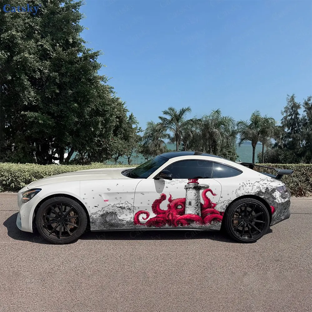 2pcs Lighthouse Kraken Painting, Durable, Fade-resistant, Enhance Vehicle Aesthetics With Bold Artistic Design Car Vinyl Wraps