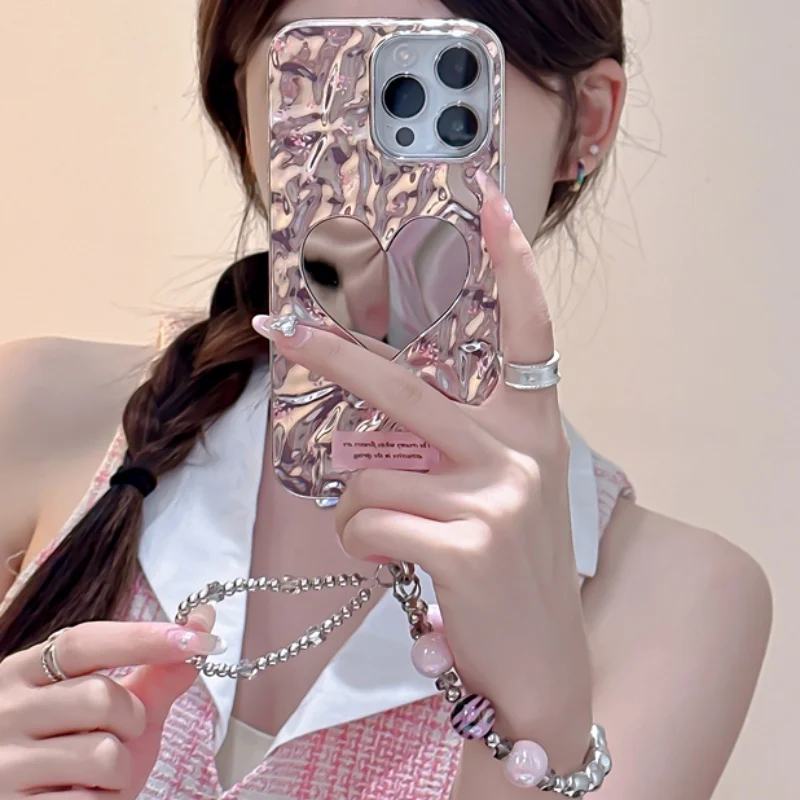 INS Cute Pleated Love Heart Mirror Floral Letter Bracelet Phone Case For iPhone 16 15 14 13 12 11 Pro Max Plus Protective Cover