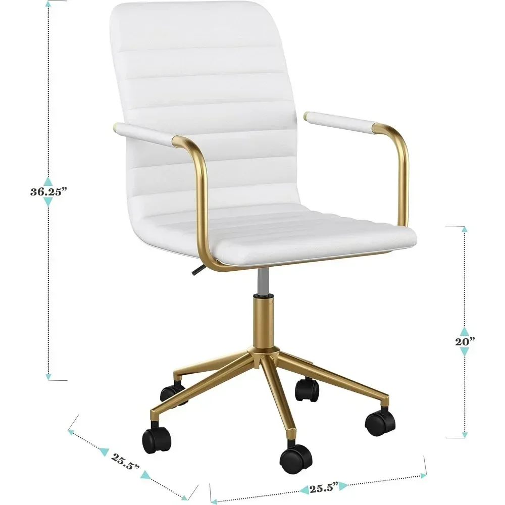 Office chair with swivel armrests, suitable for home office, white faux leather, polished brass frame