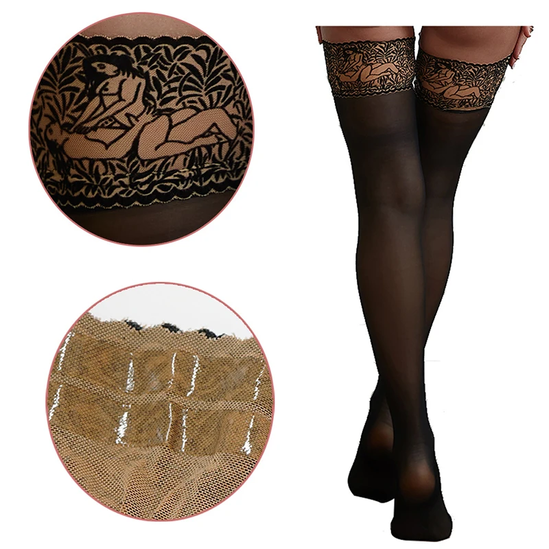 Sexy Pattern Thigh Socks Peacock Lace Mesh Women\'s Non Slip Silicone Stocking Black Breathable Fishing Net Over Knee Long Socks