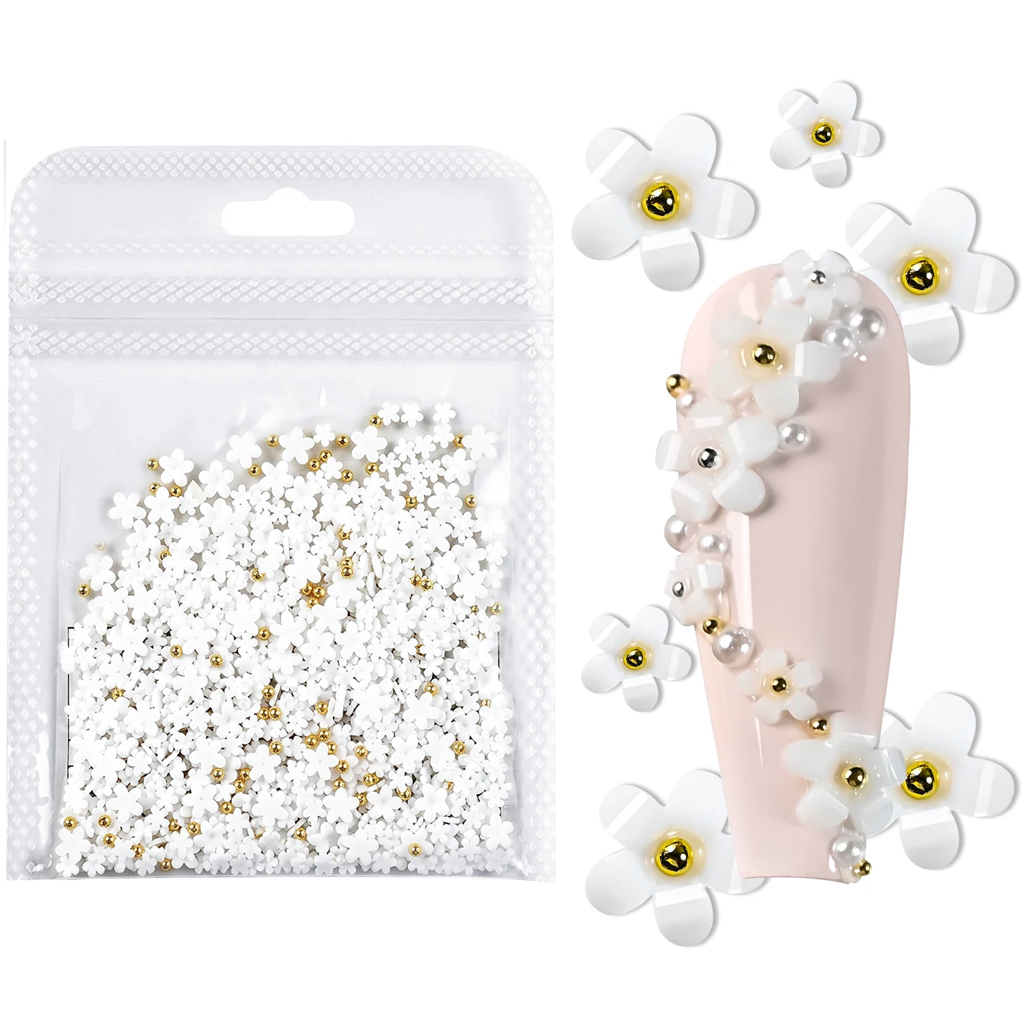 1bag/500pcs 3D Pink Cherry Blossom Petal Nail Charms Gold & White Pearls Caviar Beads Nail Rhinestones Resin Flower Nail Supplie - view 4