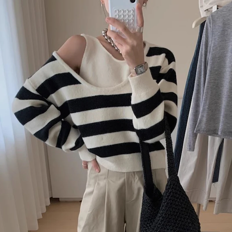 Kleurcontraststreep nep tweedelige off-shoulder trui herfst winter dames losse bovenkleding O-hals gebreide trui met lange mouwen