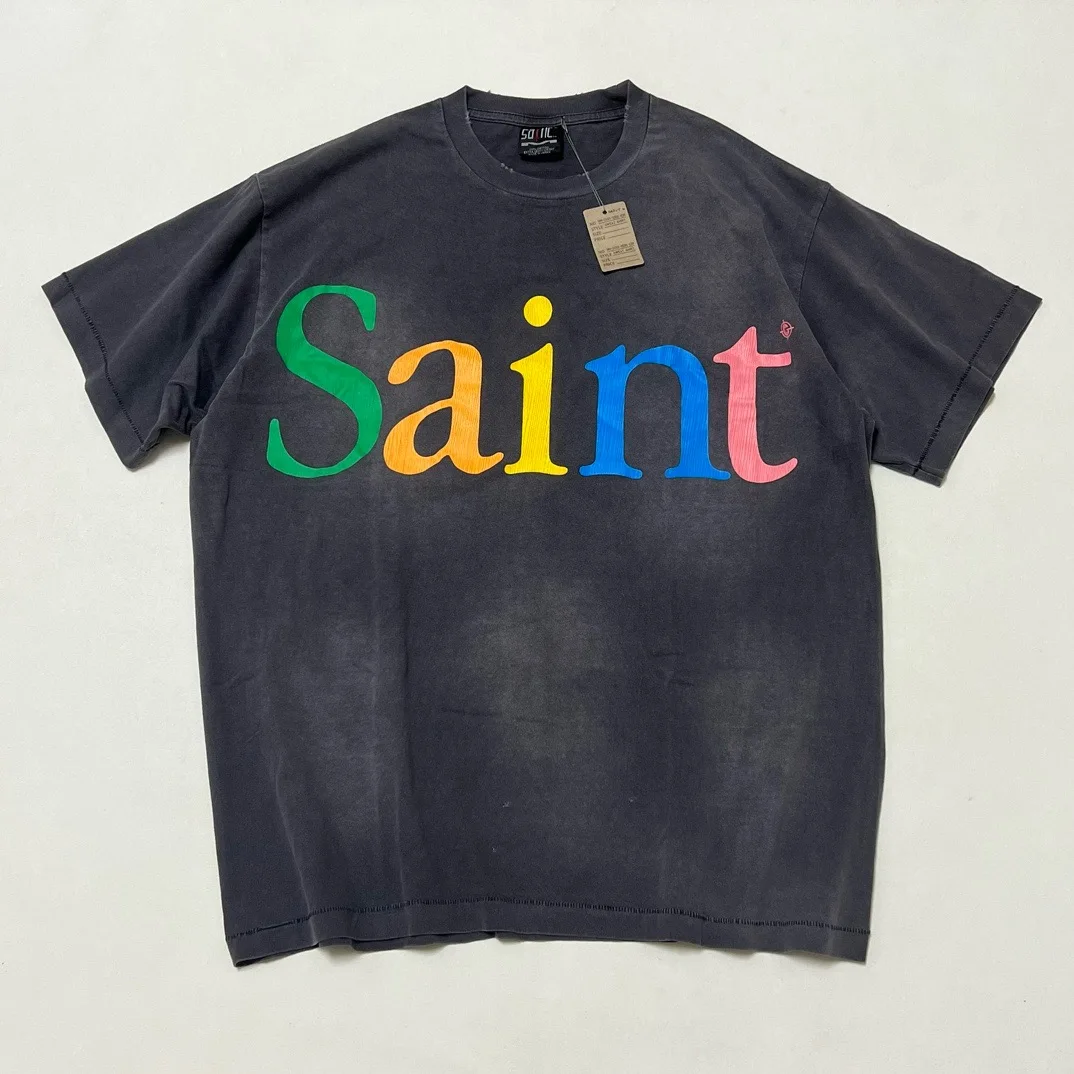 24SS Saint Mxxxxxx Color Letter Logo Print Washed Vintage T-shirt for Men Oversized Tee Streetwear Clothing Women's Clothes