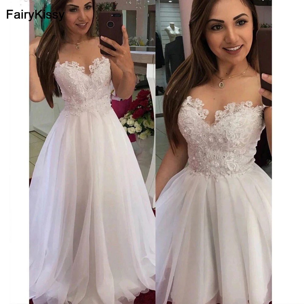 FairyKissy Short Sheath Lace 2 in 1 Wedding Dresses with Detachable Skirt Bride Dress Two Pieces Pearls Bridal Gowns