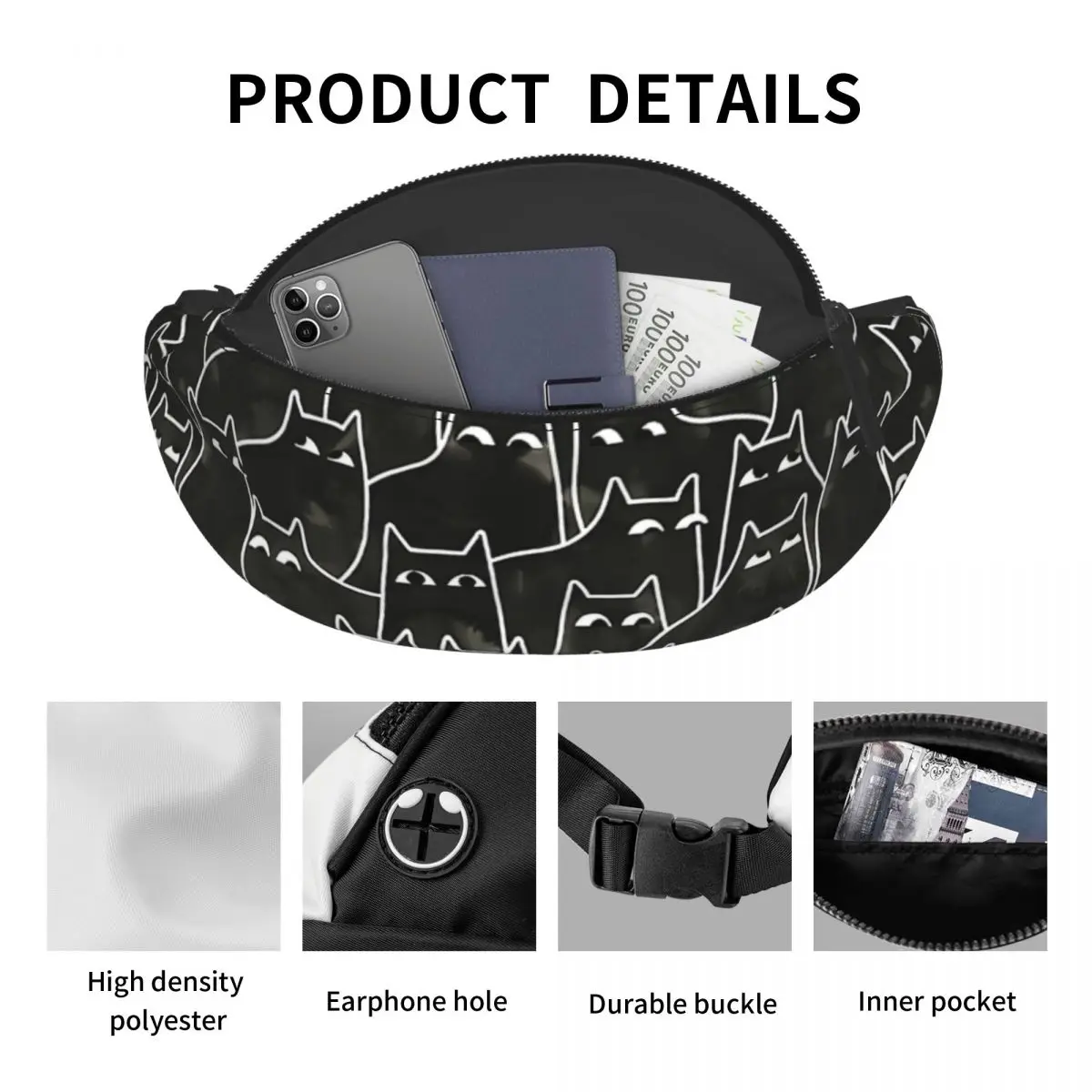 Printed Waist Bags Suspicious Cats Fashion Belt Bags Unisex Travel Fanny Pack Design Banana Packs