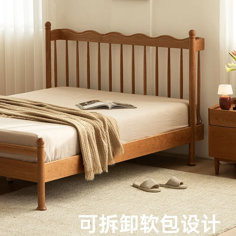 Japanese style retro furniture, solid wood double bed, all solid wood, cherry wood, and natural wood upholstered bed