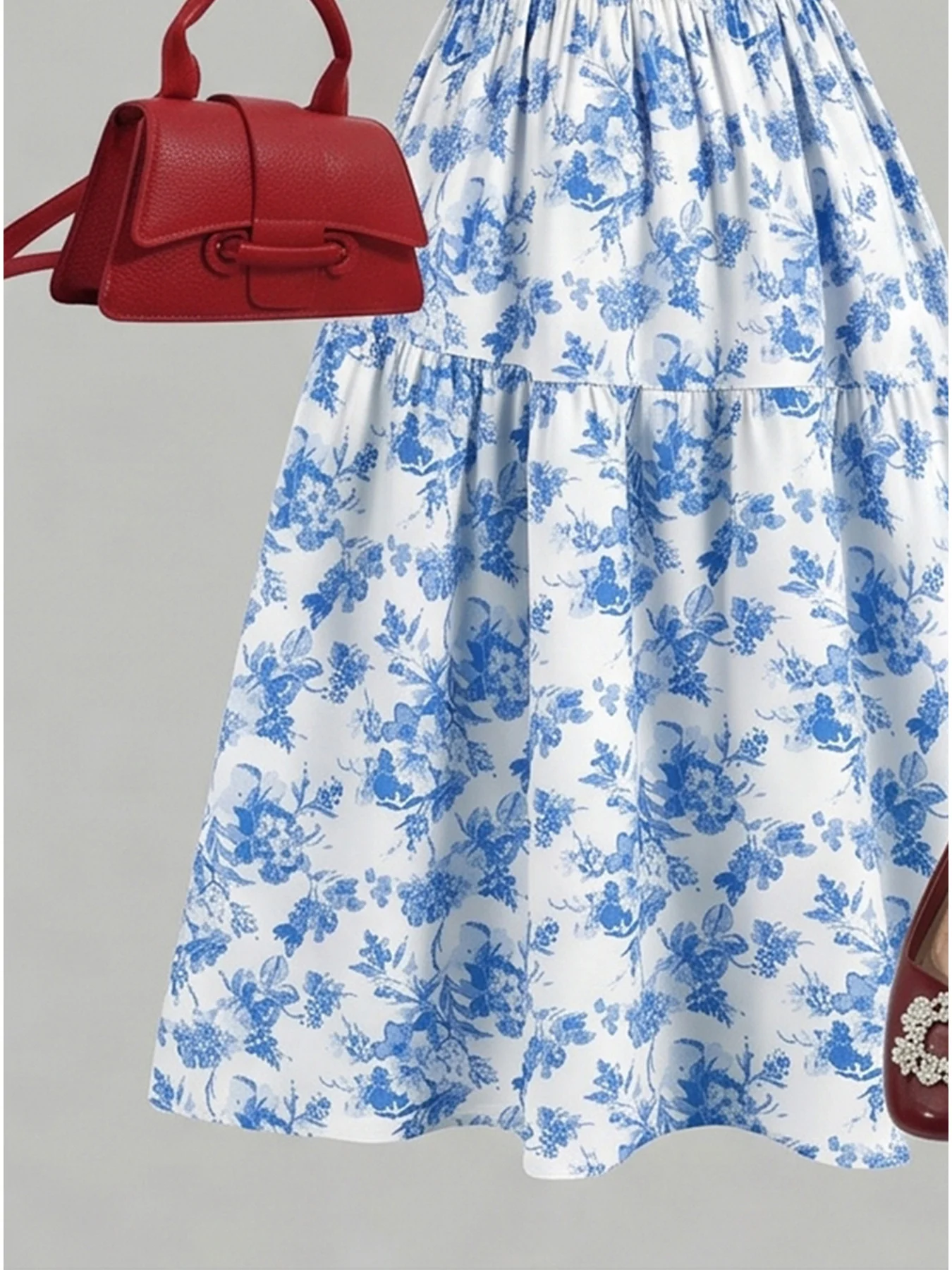 Lässiges Kleid mit Blattmuster, quadratischem Kragen, lockerer Passform, kurzen Ärmeln und tailliertem, langem Rock für Kinder und Frauen. – Detail 12