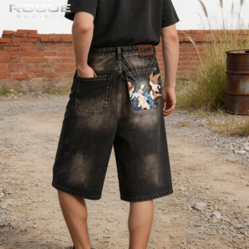 Summer Luxury Harajuku Jeans Bottoms American Vintage Y2K Graphic Men Bermuda Jorts Pocket Distressed HipHop Casual Denim Shorts view 3