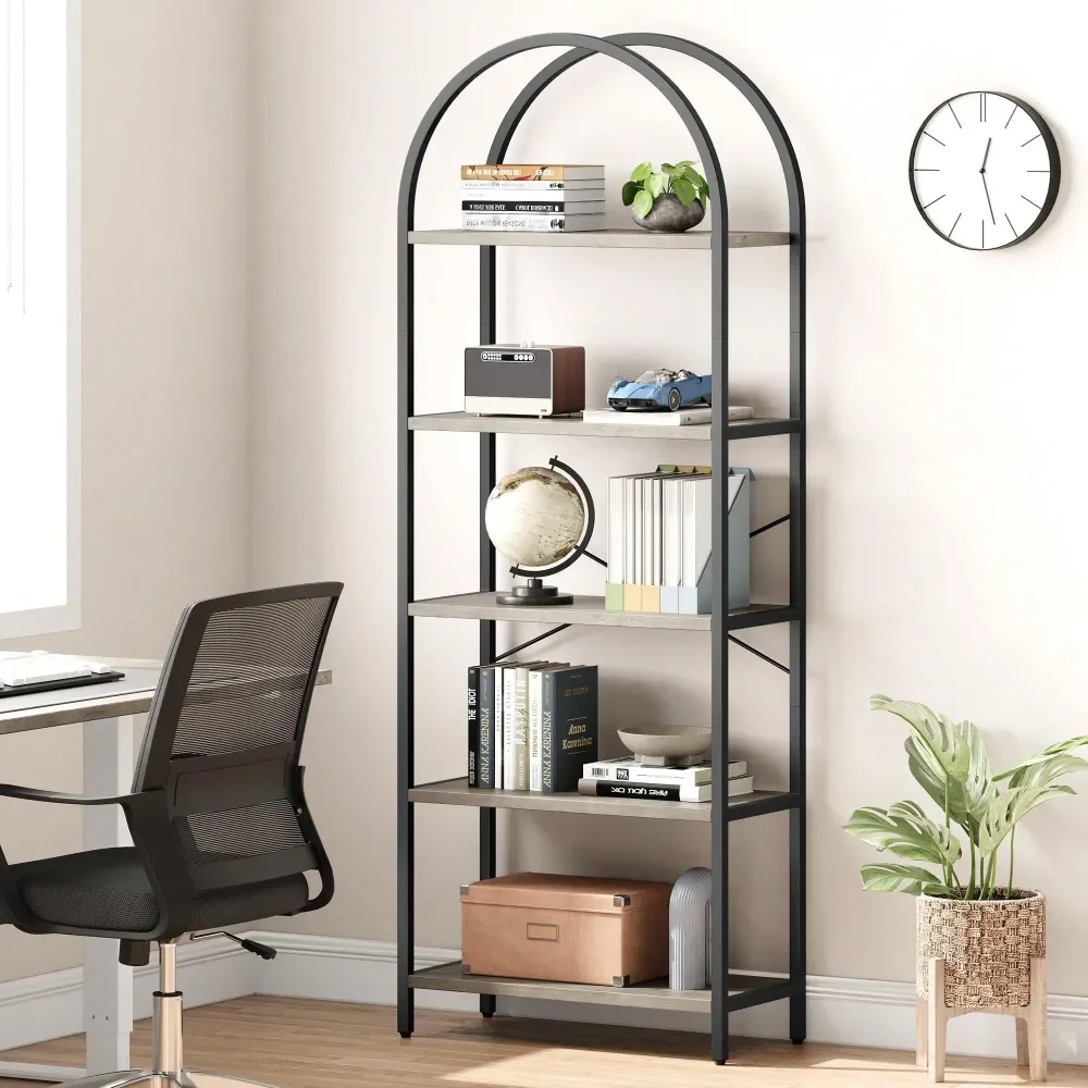 

Bookshelf, 5 Tier Bookcase Arched Display Racks Tall Standing Bookshelves Metal Frame Modern Storage Rack Shelf Large Wood Book