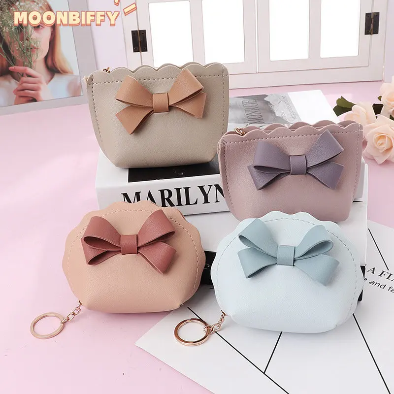 Cute Bow Small Bag Women PU Leather Coin Purses Fashion Zipper Handbag Girls Coin Card Holder for Kids Purses Keychain Wallet