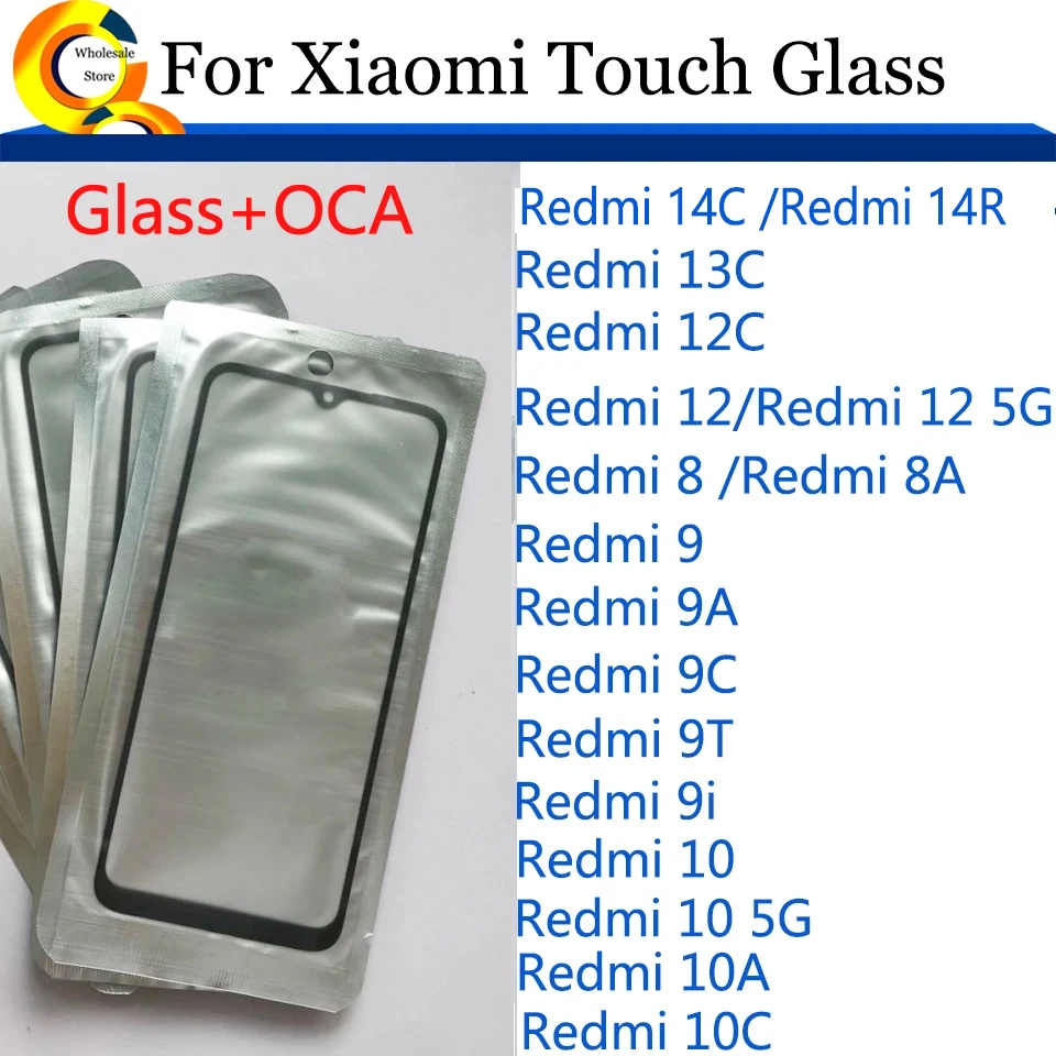 10 sztuk / partia dla Xiaomi Redmi 14C 14R 13C 12C 10 10C 9 9A 9C 9i 8A 8 12 5G Panel ekranu dotykowego Przednia szklana soczewka zewnętrzna z OCA