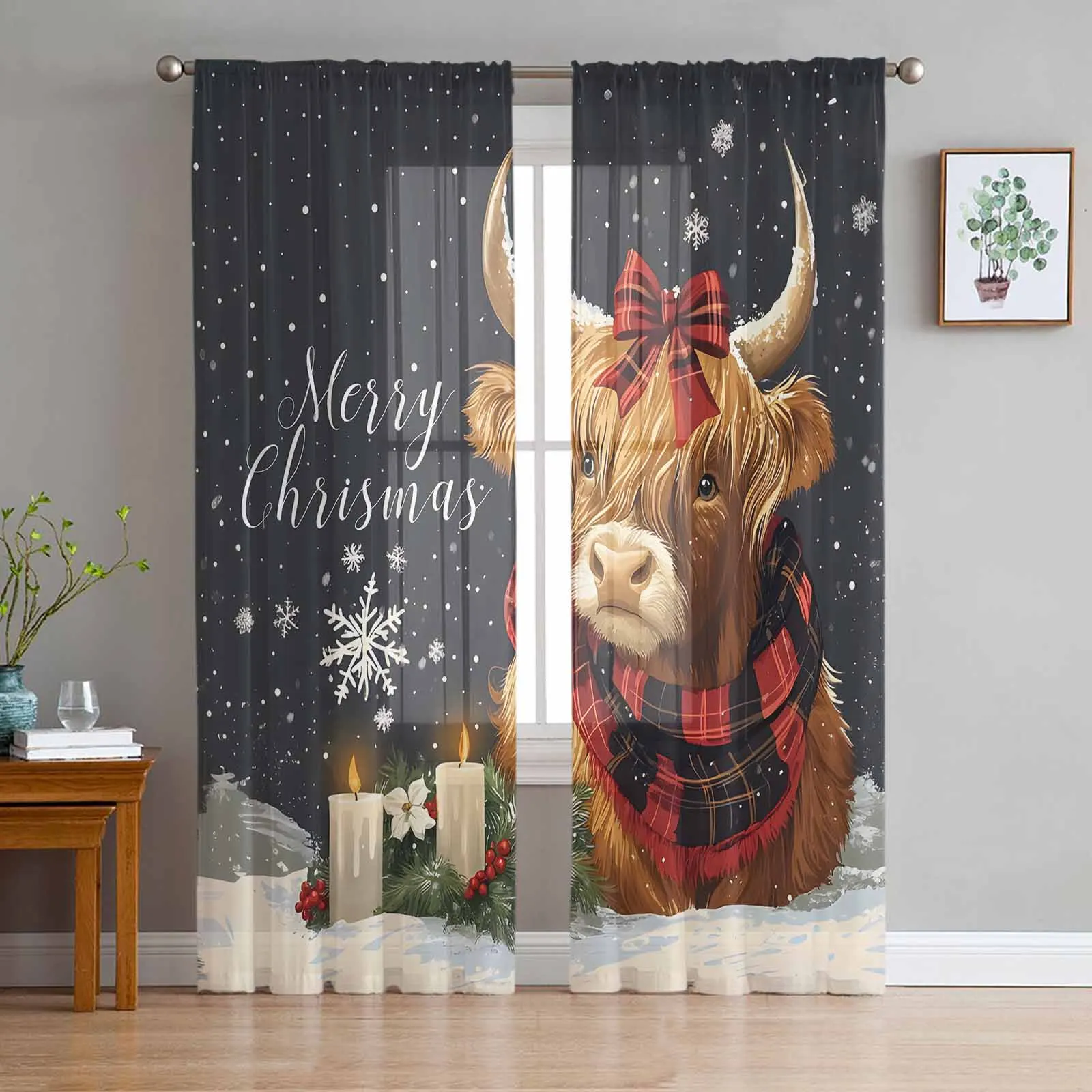 

Christmas Yak Plaid Scarf Curtains Living Room Bedroom Kitchen Decoration Window Voiles Organza Tulle Curtain