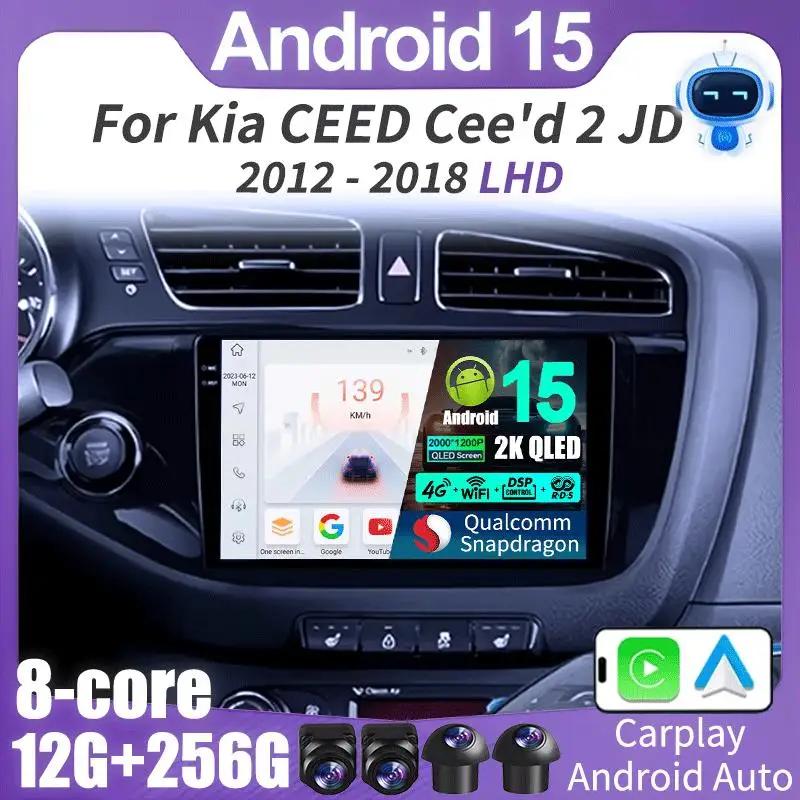 For Kia Ceed Cee'd 2 JD 2012 - 2018 2K QLED Android 15 Car Radio Multimedia Video Player AI Voice CarPlay 4G GPS Head Unit Auto