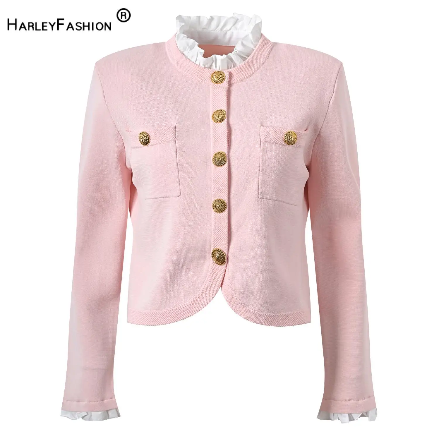 2024 Spring Delicacy Frills Patchwork Collar Long Sleeve Lady Knits Solid Women Single-breasted Sweater Cardigan