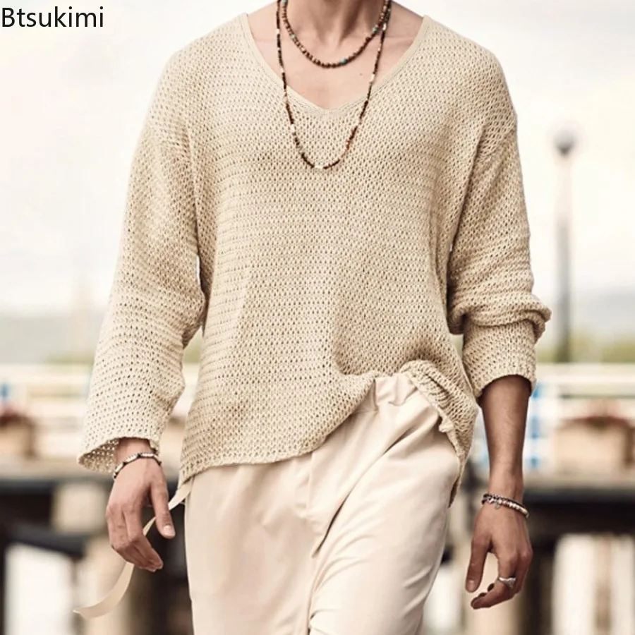 

Fashion V Neck Thin Sweaters 2025 Men's Solid Long Sleeve Knitted Pullover Casual Vintage Streetwear Spring Hollow Out Tops Male