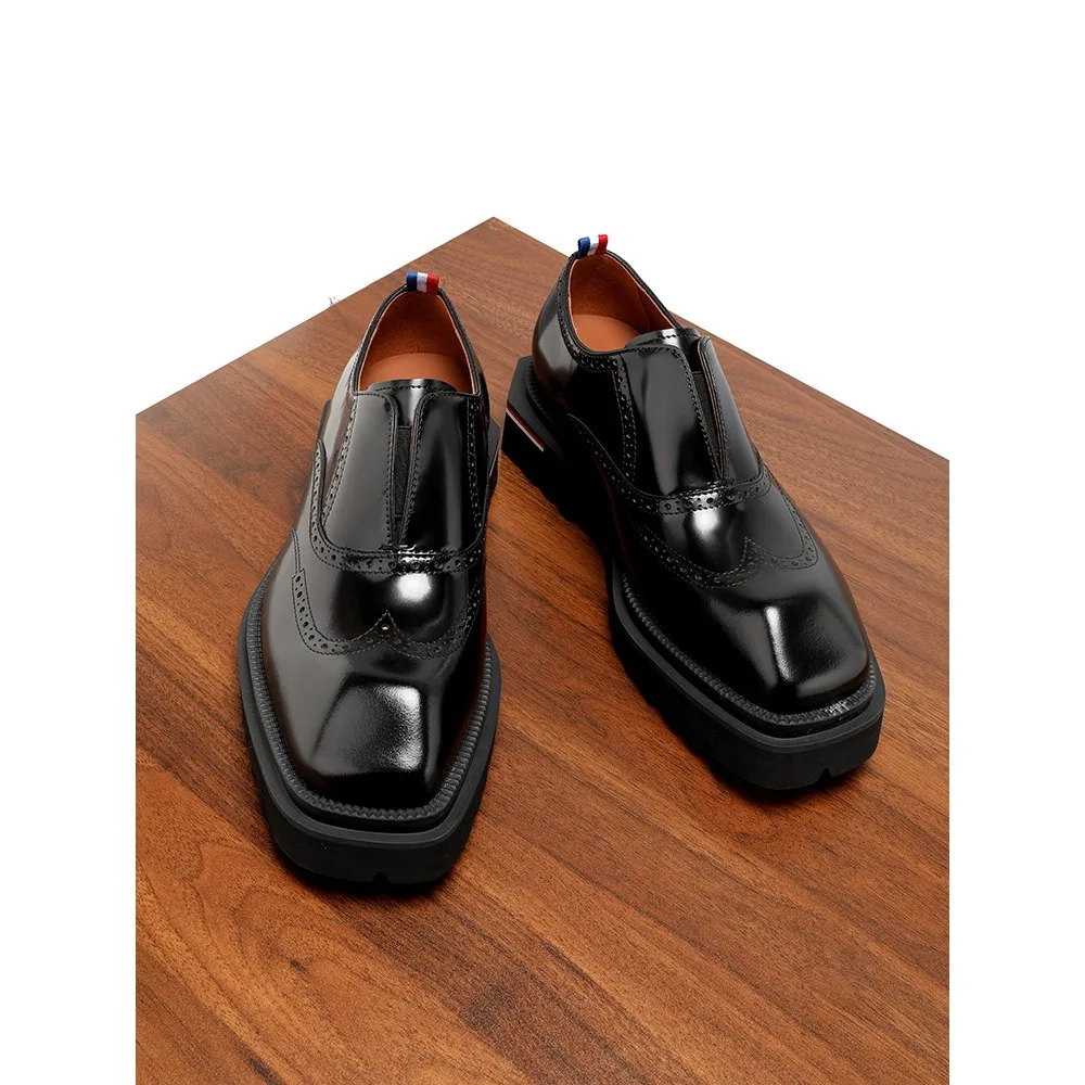 2026 Summer Premium Shiny Genuine Leather Brogue Men Shoes Slip on Thick Sole Height Increasing Casual Business Leather Shoes