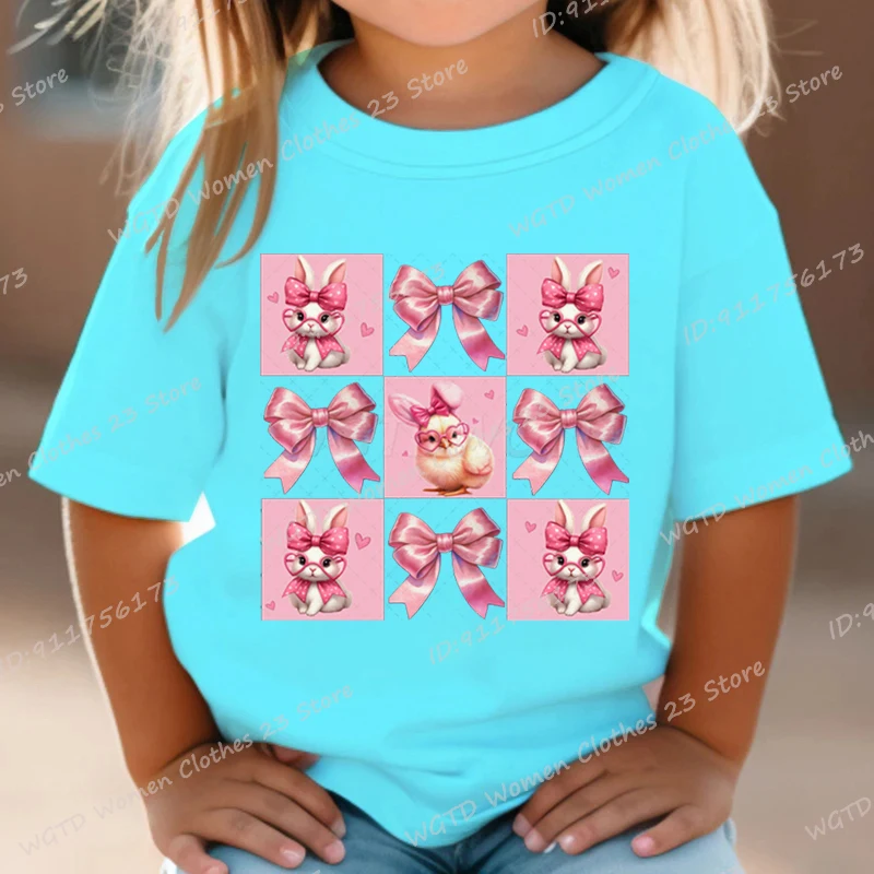 Summer Soft Loose T-shirts Children Girls T Shirt Easter Day Bunny Bow Chick Graphic Print Short Sleeve Tee Shirt Crew Neck Tees