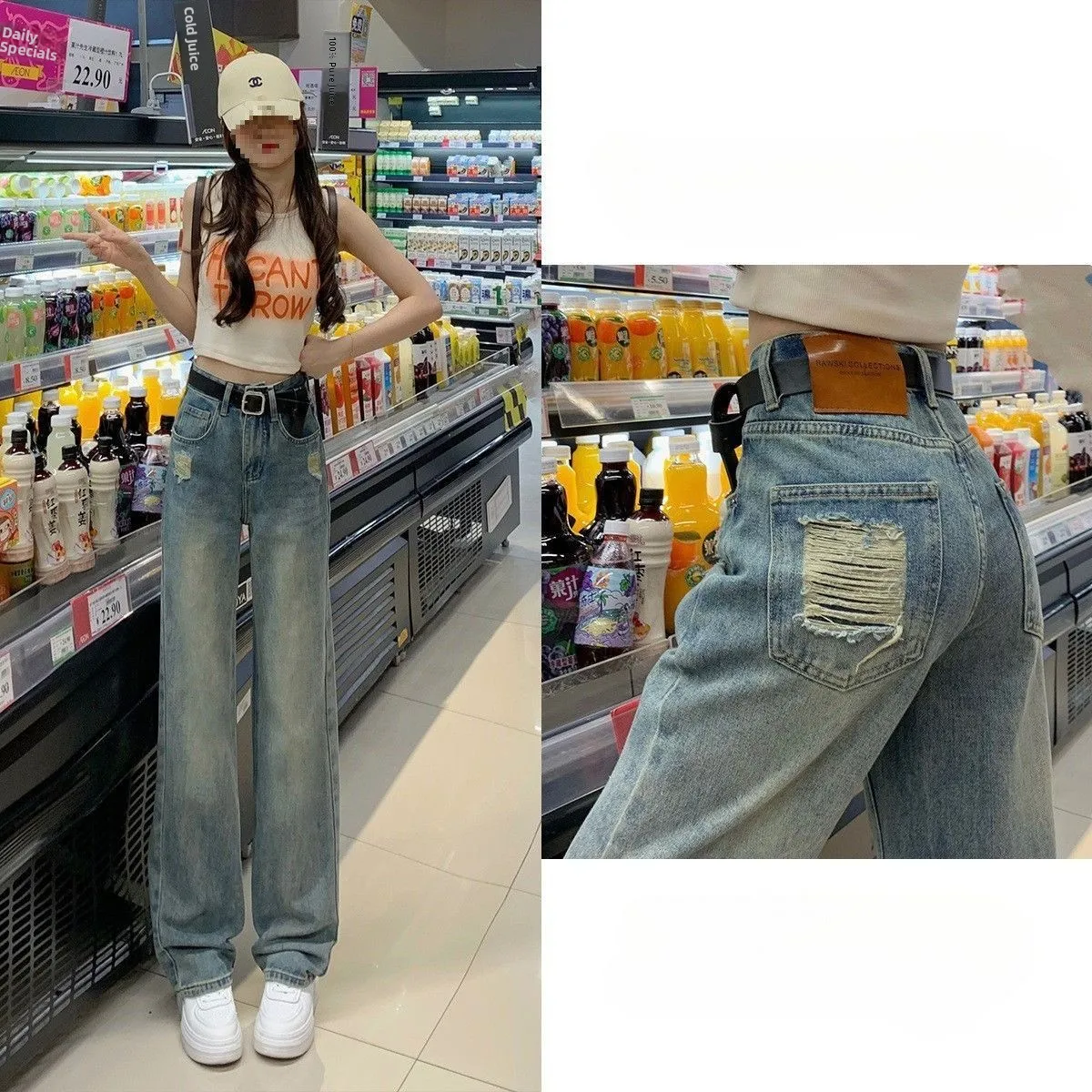 

American High Street Wide Leg Denim Jeans Women's Spring Autumn Loose Slimming Drapey Straight Leg Pants Casual Cotton Polyester