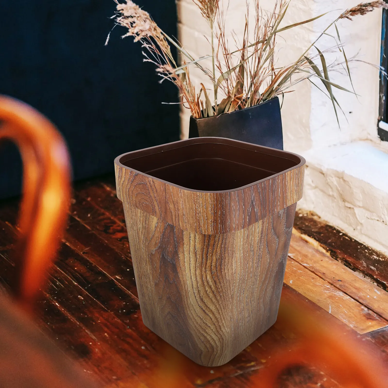 Wood Grain Waste Container Plastic Garbage Can Household Trash Bin Bathroom Toilet Paper Bucket Office Large Capacity Waste