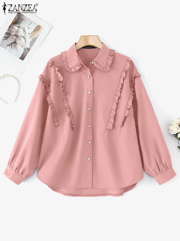 잔제아 여성 패션 셔츠 2025 가을 긴팔 러플 블라우스 우아한 오피스룩 여성 튜닉 탑 솔리드 컬러 블루사 여성복
