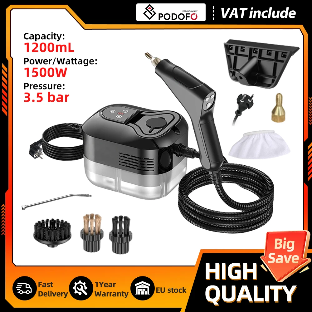 Image of Podofo Hochtemperatur-Druckdampfreiniger 1500W 1,2L Großer Wassertank Dampfreinigungsmaschine für die Reinigung von Haushalt und Küche in verschiedenen Bereichen