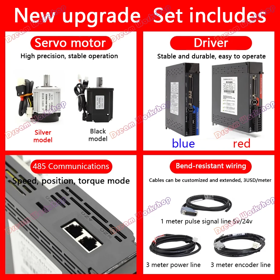 CNC Servo Motor Set 40/60/80 Small AC 200V 100W 400W 750W Servo Drive 0.75KW/0.4kw Motor 3000RPM 2.4NM 17-bit Magnetic Encoder