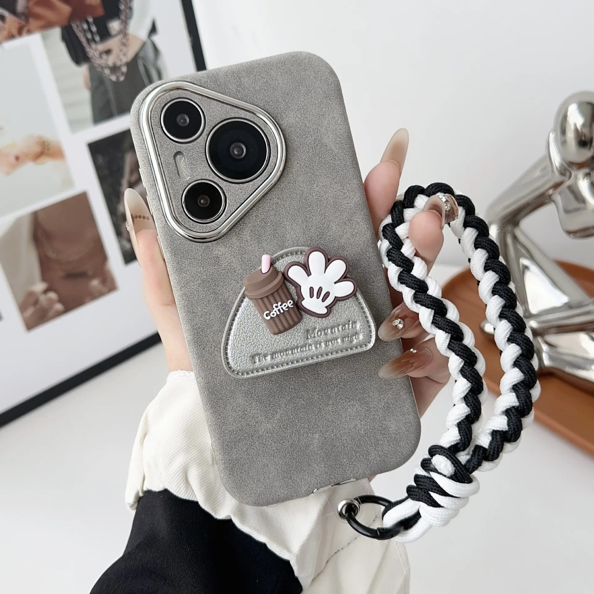 

Large window suede leather case suitable For Huawei P60 Pura70 Mate 60 50 40 Pro Plus embroidered cartoon stand Lanyard Rope