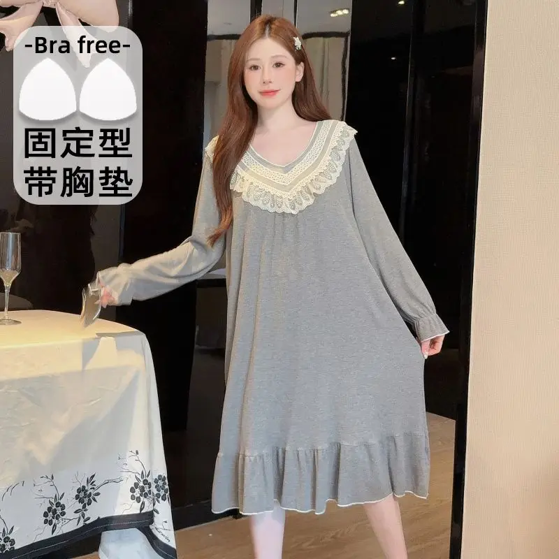 

Плюс размер, осеннее модальное сексуальное кружевное белье с v-образным вырезом и длинными рукавами, ночные рубашки для женщин, корейская одежда для сна, ночное платье, ночная рубашка, ночная рубашка