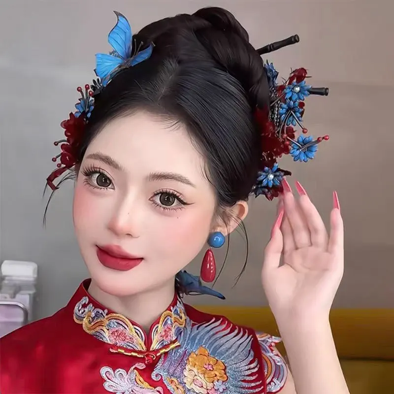 Blue Chinese Classical Bride's Head Ornament Hair Accessories New Cheongsam Toast Dress Accessory Traditional Wedding Hairpiece