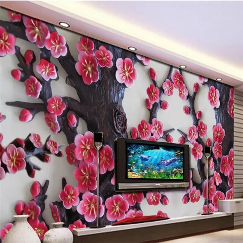 

Обои на заказ, 3d фреска, новый китайский рельеф, стерео цветение сливы, дизайн стен, гостиная, листья, тисненые обои, домашний декор